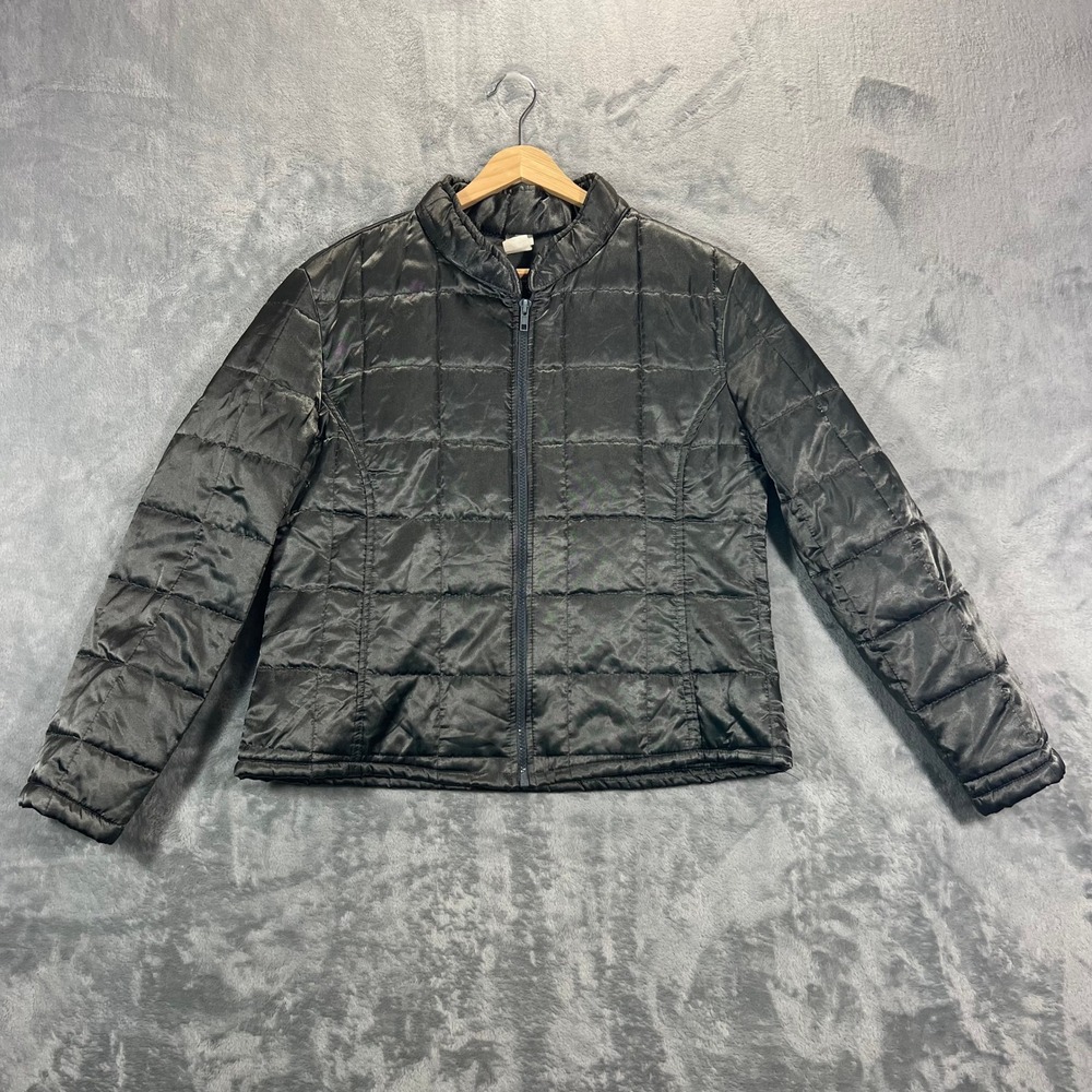 Peggy Vintage Puffer Jacket Women Large Charcoal Grey Nylon Quilted Full Zip USA